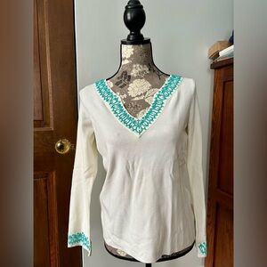 LOFT White and Teal V-Neck Long Sleeve Top